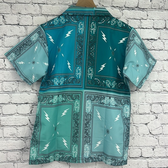 SOLE BOY Lightweight Bandana Patchwork S/S Button Up Shirt SMALL Blue/Green EUC! - Picture 5 of 6